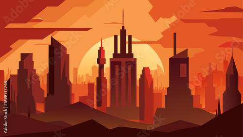 Silhouette cityscape at sunset illustration