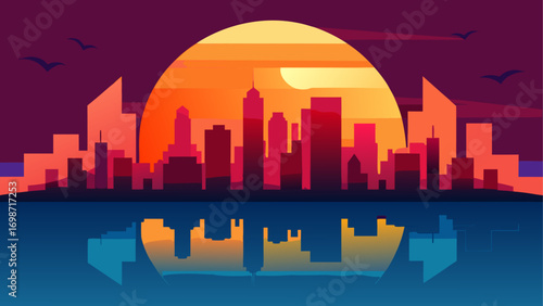 Cityscape silhouette with sunset reflection
