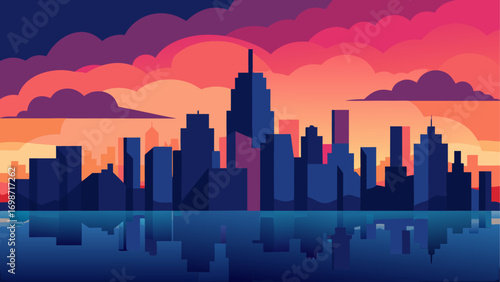 Cityscape silhouette at colorful sunset sky