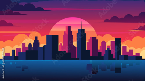 Cityscape silhouette at colorful sunset