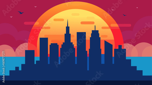 Cityscape silhouette with sunset backdrop