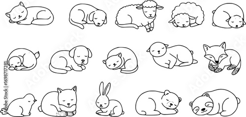 Sleeping animals vector icon drawings collection. Cute minimal thin line icon illustrations. Decorative elements kids design graphic set. Baby cat, dog, sheep, bird, rabbit, fox, sloth and bear. 