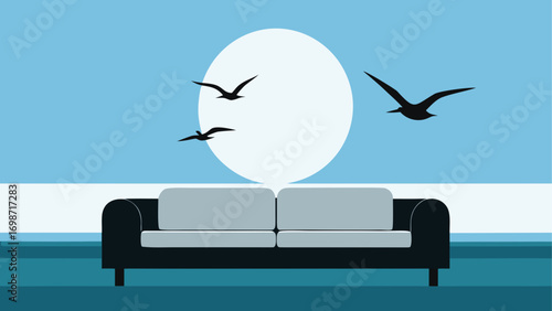 Sofa under birds flying in front of moon