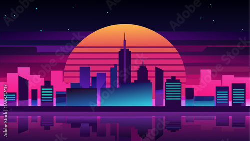 Retro cityscape with sunset and reflections