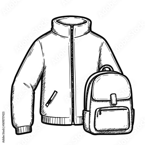 Fleece jacket and backpack sketch, hand-drawn doodle style