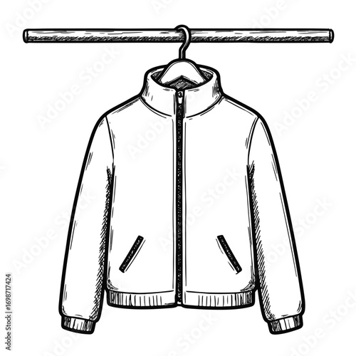 Fleece jacket hanging on rack in sketch style, cozy apparel concept