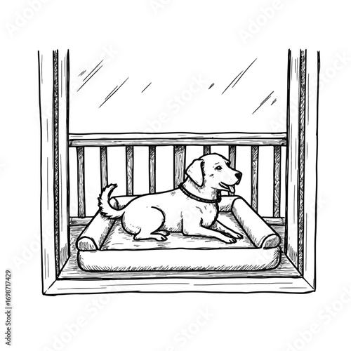 Happy dog relaxing on pet bed in balcony, comfort and companionship
