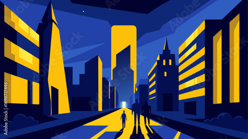 Cityscape illustration with people walking