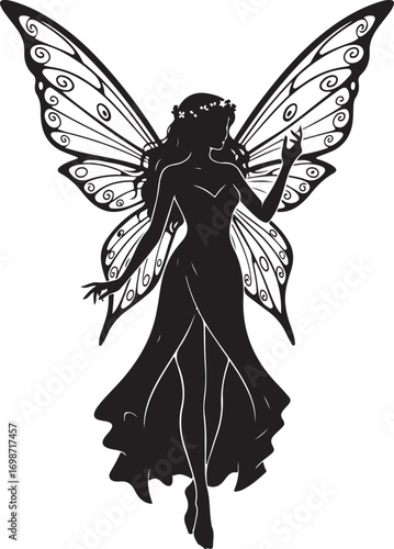 Silhouette of a fairy with large decorative wings wearing a crown and gown on white background Keywords: fairy, silhouette, wings, fantasy, magical, creature, woman, female, elegant, dress, gown