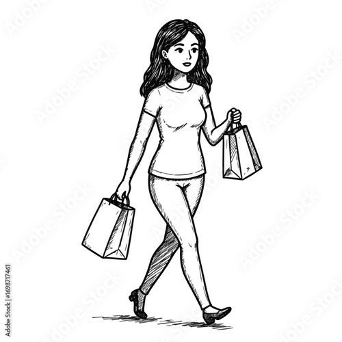 Woman joyfully walking with shopping bags, urban lifestyle