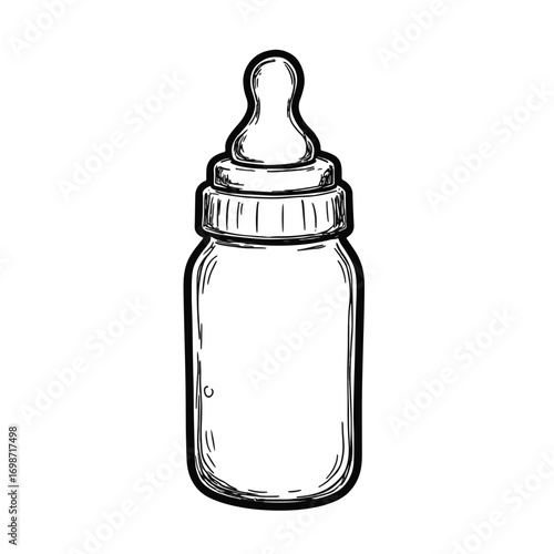 Hand-drawn baby bottle sketch on white background, nurturing concept