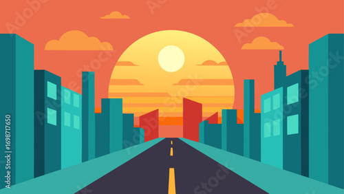 Cityscape road leading to the sunset view