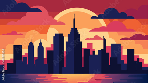 Silhouette cityscape against sunset sky