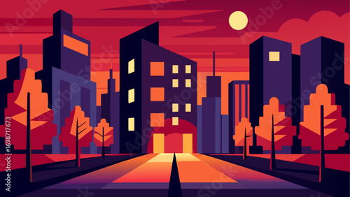 Cityscape illustration at sunset time