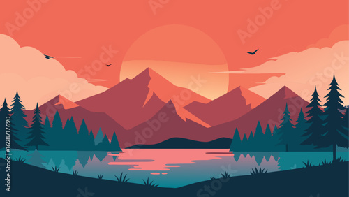 Sunset over the mountains and the forest