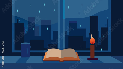 Cozy rainy night reading by candlelight