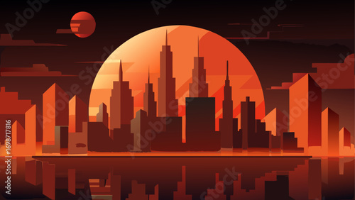 Cityscape silhouette with sunset backdrop
