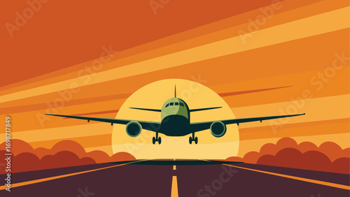 Airplane landing at sunset illustration