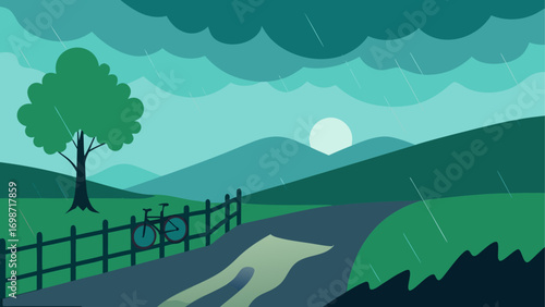 Landscape with bicycle in the rain image