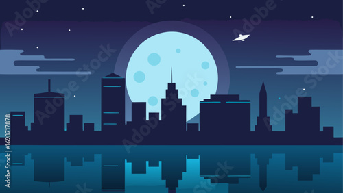Cityscape silhouette at night with full moon