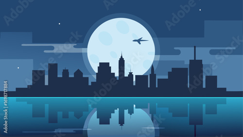 City skyline at night with moon reflection
