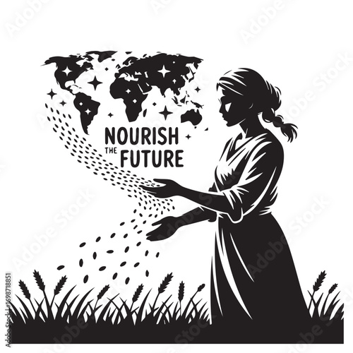 Silhouette of a woman sowing seeds that form a world map with the words nourish the future above a field of wheat