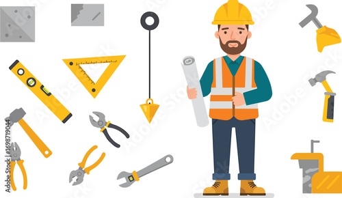 Construction worker character with a set of professional building and engineering tools isolated on white background
