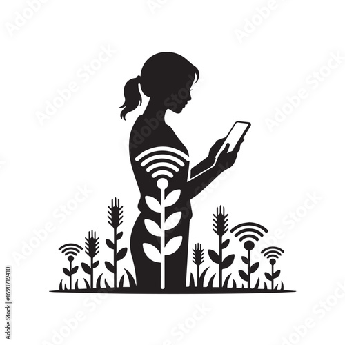 Silhouette of a young woman holding a smartphone with wi fi signals emanating from plants in a field representing modern agriculture technology