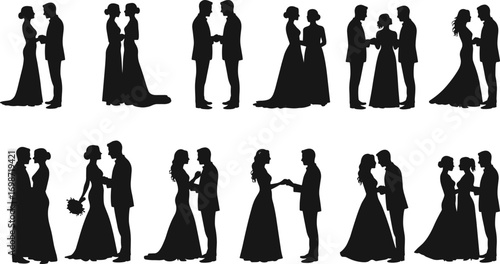 Romantic couple silhouettes, bride and groom wedding poses, love moments, marriage celebration, romantic embrace, elegant dress, holding hands, romance.