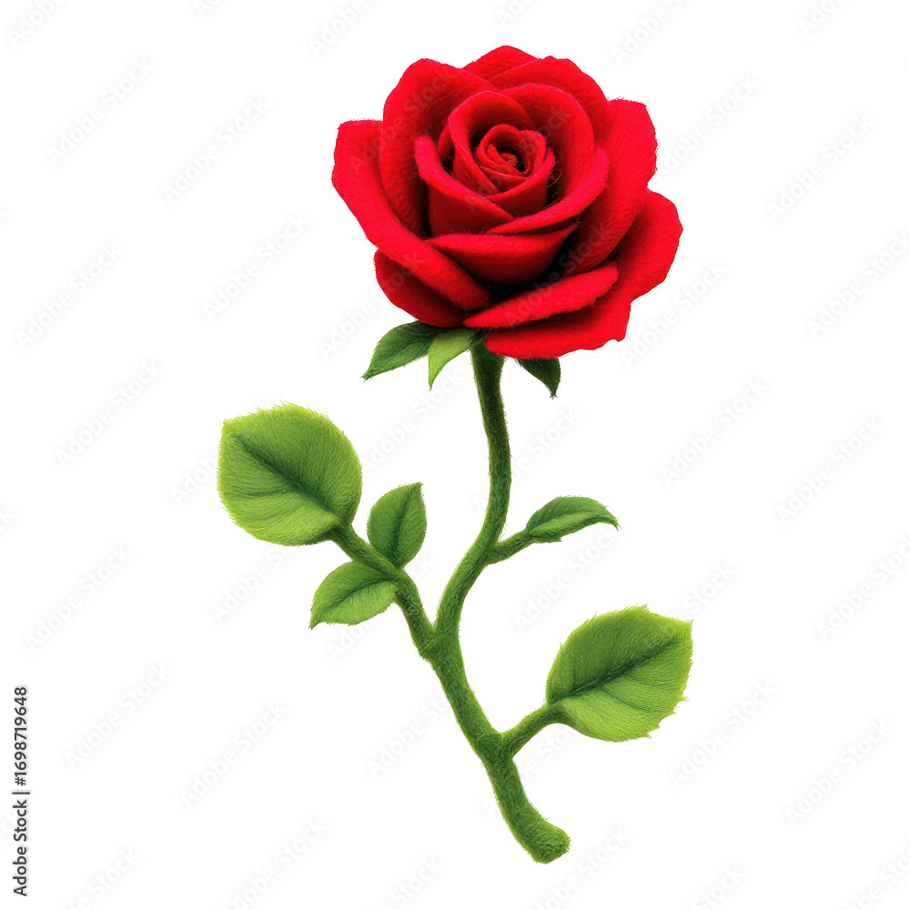 Fototapeta premium Vibrant Red Rose with Lush Green Stem and Leaves on Black Background.