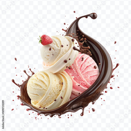 realistic swirling creamy vanilla and strawberry ice cream scoops with chocolate splash isolated on transparent background	