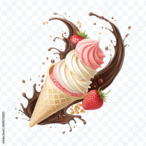 realistic swirling creamy vanilla and strawberry ice cream scoops with chocolate splash isolated on transparent background	