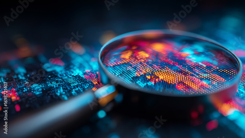 Magnifying glass over digital data suggesting investigation analysis and insight for auditing research quality control and threat detection
