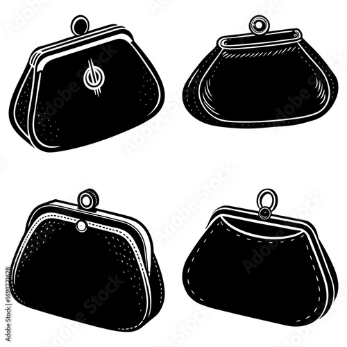Four black and white coin purses with clasp closures in varying styles and orientations are displayed here
