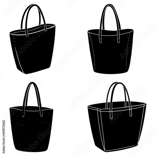 Four black tote bags with handles in different styles arranged on a white background in a square layout