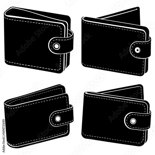 Illustration of four black wallets with white stitching and button closures in various positions
