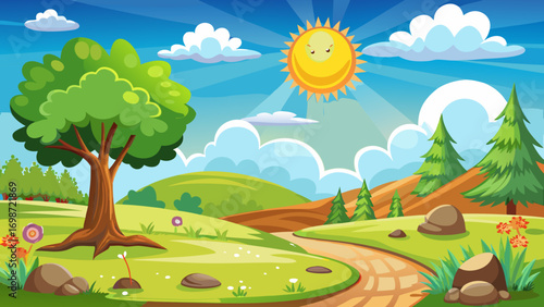 Vector landscape cartoon Spring day partly cloudy landscape, morning sun in the center, simple cartoon illustration