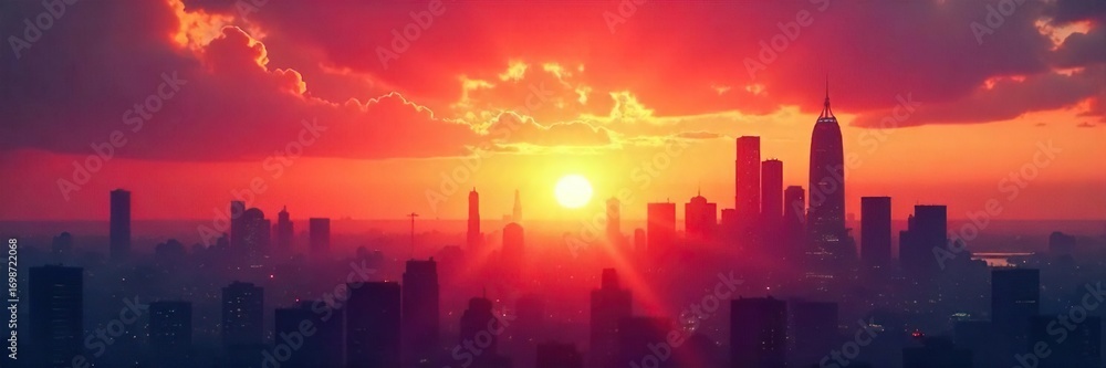 Fototapeta premium Silhouetted cityscape at dawn, futuristic architecture reaching towards a vibrant sunrise, symbolizing hope and a new era of faith , glow, hope, promise