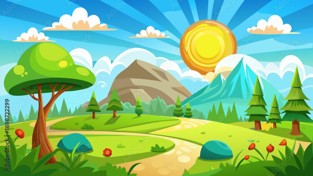 Obraz premium Vector landscape cartoon Spring day partly cloudy landscape, morning sun in the center, simple cartoon illustration