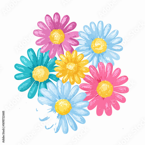 Colorful crayon drawn funky chamomile flowers collection. Hand drawn kid chalk or pencil daisies.