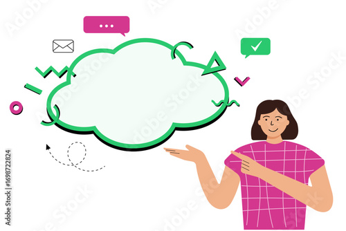 Vector illustration of a woman pointing at a blank speech cloud with copy space. Concept for communication, business presentation, education, marketing, and social media design.