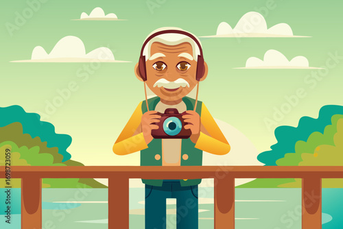 Elderly man with headphones and camera around neck, standing on bridge, photographing sunset over river.