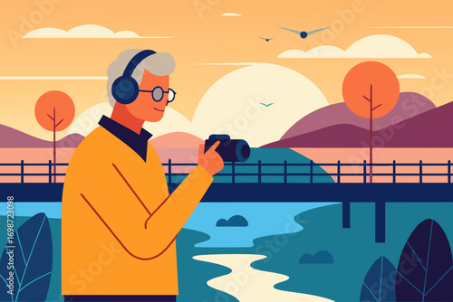 Elderly man with headphones and camera around neck, standing on bridge, photographing sunset over river