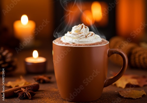 Wallpaper Mural A steaming mug of hot chocolate topped with whipped cream, lit warmly by candlelight, evoking coziness and comfort. Torontodigital.ca