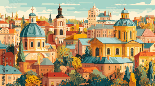  Cityscape of lviv, city in Ukraine, attractive touristic advertisement poster, beautiful touristic must-see destination. Beautiful tourist destination, in eastern central europe. Historic buildings, 