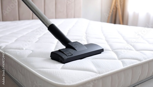 A vacuum cleaner is used to clean a white mattress