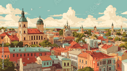  Cityscape of lviv, city in Ukraine, attractive touristic advertisement poster, beautiful touristic must-see destination. Beautiful tourist destination, in eastern central europe. Historic buildings, 