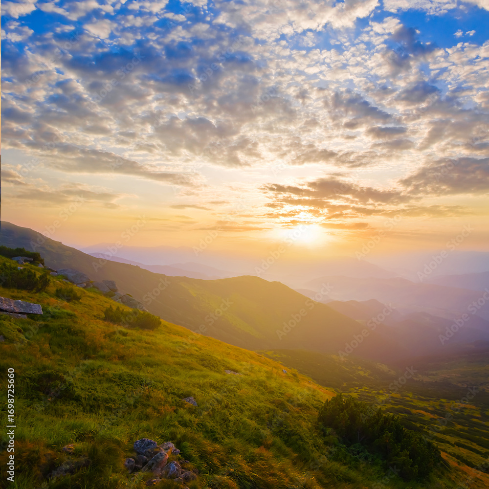 Naklejka premium green mountain valley in blue mist at the sunrise, green mountain at the early morning