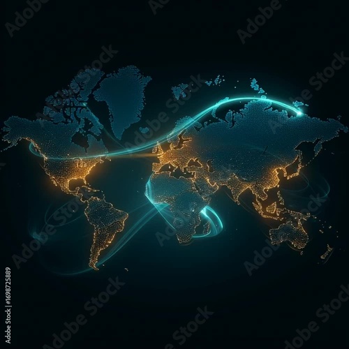 Wallpaper Mural World map illuminated with glowing city lights and swirling blue energy streams on dark background Torontodigital.ca
