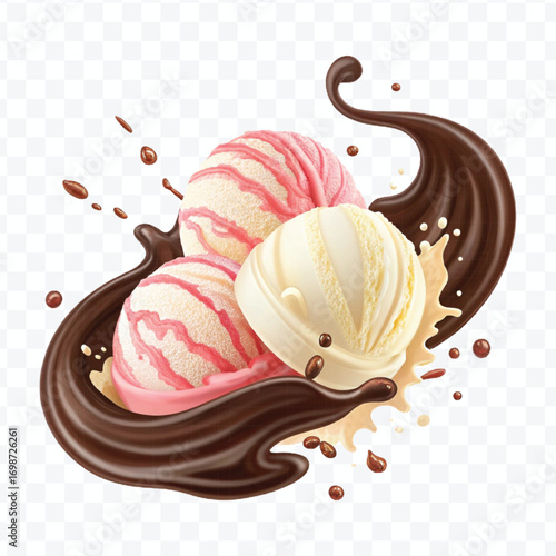 realistic swirling creamy vanilla and strawberry ice cream scoops with chocolate splash isolated on transparent background	